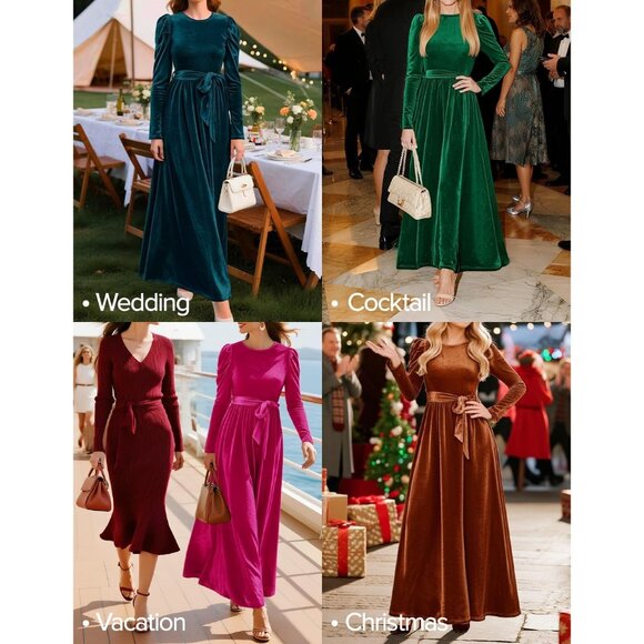 Luxury Velvet Long Sleeve Maxi Dress for Women - Chic High Waist Cocktail Gown - Picture 5 of 7